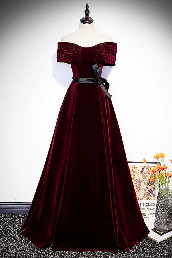 Wholesale Burgundy Velvet Floor Length Prom Dress Elegant Off the Shoulder Party Dress